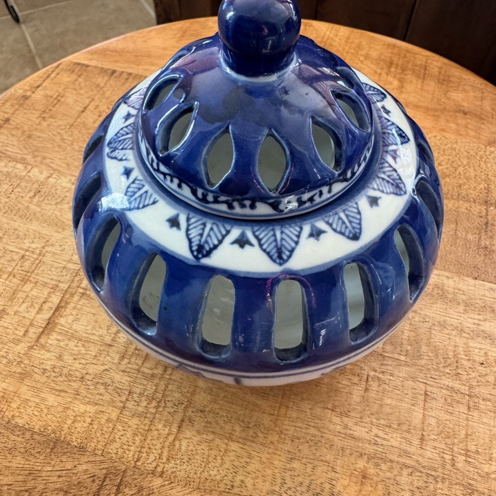 Blue and Cream Floral Ceramic Vase #70